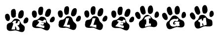 The image shows a row of animal paw prints, each containing a letter. The letters spell out the word Kelleigh within the paw prints.
