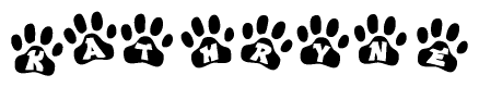 The image shows a series of animal paw prints arranged in a horizontal line. Each paw print contains a letter, and together they spell out the word Kathryne.