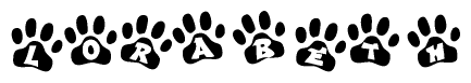 The image shows a series of animal paw prints arranged in a horizontal line. Each paw print contains a letter, and together they spell out the word Lorabeth.