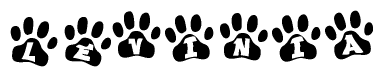 The image shows a row of animal paw prints, each containing a letter. The letters spell out the word Levinia within the paw prints.