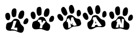 The image shows a series of animal paw prints arranged in a horizontal line. Each paw print contains a letter, and together they spell out the word Lyman.