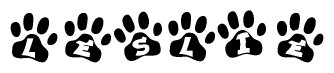The image shows a series of animal paw prints arranged horizontally. Within each paw print, there's a letter; together they spell Leslie
