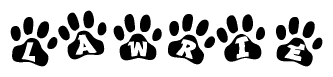 The image shows a row of animal paw prints, each containing a letter. The letters spell out the word Lawrie within the paw prints.