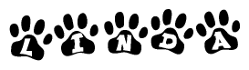 The image shows a row of animal paw prints, each containing a letter. The letters spell out the word Linda within the paw prints.