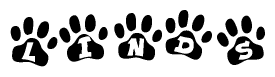 The image shows a series of animal paw prints arranged in a horizontal line. Each paw print contains a letter, and together they spell out the word Linds.
