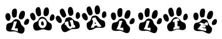 The image shows a series of animal paw prints arranged in a horizontal line. Each paw print contains a letter, and together they spell out the word Louallie.