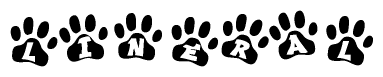 The image shows a series of animal paw prints arranged in a horizontal line. Each paw print contains a letter, and together they spell out the word Lineral.