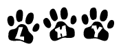 The image shows a series of animal paw prints arranged horizontally. Within each paw print, there's a letter; together they spell Lhy