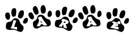 The image shows a series of animal paw prints arranged horizontally. Within each paw print, there's a letter; together they spell Larae