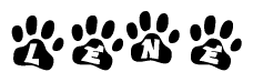 The image shows a row of animal paw prints, each containing a letter. The letters spell out the word Lene within the paw prints.
