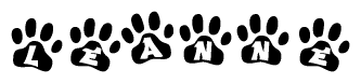 The image shows a row of animal paw prints, each containing a letter. The letters spell out the word Leanne within the paw prints.
