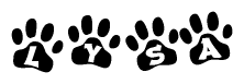 The image shows a series of animal paw prints arranged in a horizontal line. Each paw print contains a letter, and together they spell out the word Lysa.