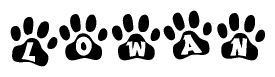 The image shows a series of animal paw prints arranged in a horizontal line. Each paw print contains a letter, and together they spell out the word Lowan.
