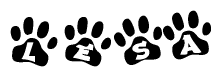 The image shows a series of animal paw prints arranged horizontally. Within each paw print, there's a letter; together they spell Lesa
