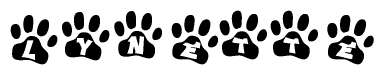 The image shows a series of animal paw prints arranged in a horizontal line. Each paw print contains a letter, and together they spell out the word Lynette.