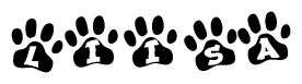 The image shows a series of animal paw prints arranged horizontally. Within each paw print, there's a letter; together they spell Liisa