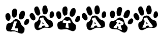 The image shows a row of animal paw prints, each containing a letter. The letters spell out the word Latara within the paw prints.