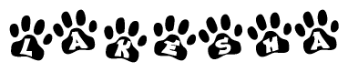 The image shows a series of animal paw prints arranged horizontally. Within each paw print, there's a letter; together they spell Lakesha