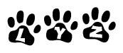 The image shows a series of animal paw prints arranged in a horizontal line. Each paw print contains a letter, and together they spell out the word Lyz.