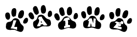 The image shows a series of animal paw prints arranged in a horizontal line. Each paw print contains a letter, and together they spell out the word Laine.
