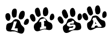 The image shows a row of animal paw prints, each containing a letter. The letters spell out the word Lisa within the paw prints.