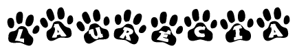 The image shows a row of animal paw prints, each containing a letter. The letters spell out the word Laurecia within the paw prints.