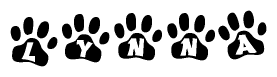 The image shows a series of animal paw prints arranged in a horizontal line. Each paw print contains a letter, and together they spell out the word Lynna.