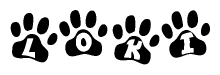 The image shows a series of animal paw prints arranged horizontally. Within each paw print, there's a letter; together they spell Loki