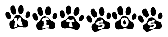 The image shows a series of animal paw prints arranged horizontally. Within each paw print, there's a letter; together they spell Mitsos