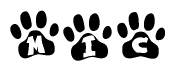 The image shows a row of animal paw prints, each containing a letter. The letters spell out the word Mic within the paw prints.
