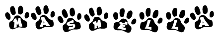 The image shows a row of animal paw prints, each containing a letter. The letters spell out the word Mashella within the paw prints.
