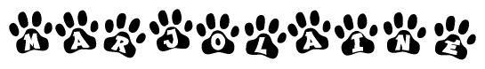 The image shows a row of animal paw prints, each containing a letter. The letters spell out the word Marjolaine within the paw prints.