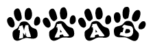The image shows a series of animal paw prints arranged horizontally. Within each paw print, there's a letter; together they spell Maad