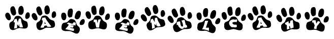 The image shows a series of animal paw prints arranged in a horizontal line. Each paw print contains a letter, and together they spell out the word Maevemulcahy.
