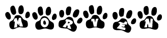 The image shows a series of animal paw prints arranged horizontally. Within each paw print, there's a letter; together they spell Morven