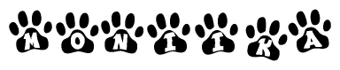 The image shows a series of animal paw prints arranged in a horizontal line. Each paw print contains a letter, and together they spell out the word Moniika.