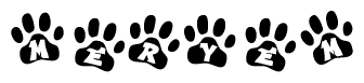 The image shows a series of animal paw prints arranged in a horizontal line. Each paw print contains a letter, and together they spell out the word Meryem.