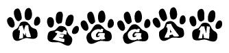 The image shows a row of animal paw prints, each containing a letter. The letters spell out the word Meggan within the paw prints.