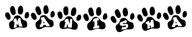 The image shows a series of animal paw prints arranged in a horizontal line. Each paw print contains a letter, and together they spell out the word Manisha.