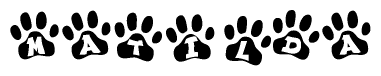 The image shows a series of animal paw prints arranged in a horizontal line. Each paw print contains a letter, and together they spell out the word Matilda.