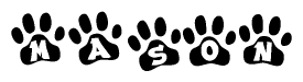 The image shows a series of animal paw prints arranged horizontally. Within each paw print, there's a letter; together they spell Mason