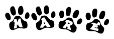 The image shows a row of animal paw prints, each containing a letter. The letters spell out the word Mare within the paw prints.