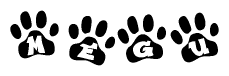 The image shows a row of animal paw prints, each containing a letter. The letters spell out the word Megu within the paw prints.