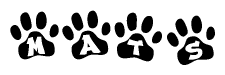The image shows a row of animal paw prints, each containing a letter. The letters spell out the word Mats within the paw prints.