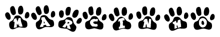 The image shows a row of animal paw prints, each containing a letter. The letters spell out the word Marcinho within the paw prints.