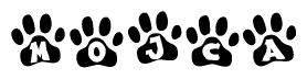 The image shows a series of animal paw prints arranged in a horizontal line. Each paw print contains a letter, and together they spell out the word Mojca.