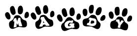The image shows a series of animal paw prints arranged in a horizontal line. Each paw print contains a letter, and together they spell out the word Magdy.