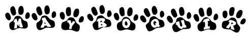 The image shows a row of animal paw prints, each containing a letter. The letters spell out the word Mayboquir within the paw prints.