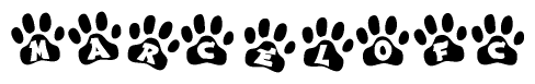 The image shows a series of animal paw prints arranged horizontally. Within each paw print, there's a letter; together they spell Marcelofc
