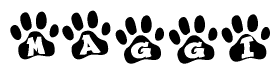 The image shows a series of animal paw prints arranged horizontally. Within each paw print, there's a letter; together they spell Maggi